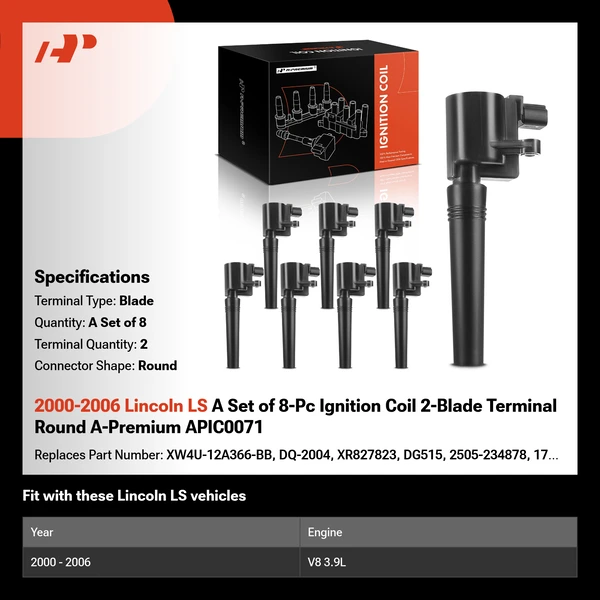 2000-2006 Lincoln LS A Set of 8-Pc Ignition Coil 2-Blade Terminal Round A-Premium APIC0071
