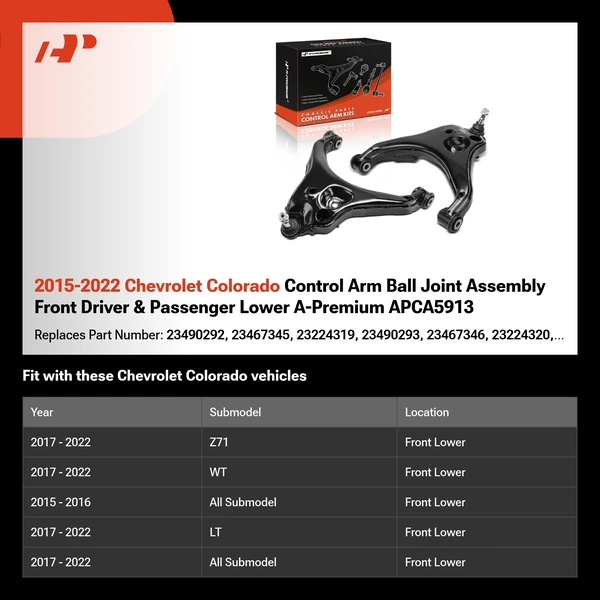 2015-2022 Chevrolet Colorado Control Arm Ball Joint Assembly Front Driver & Passenger Lower A-Premium APCA5913