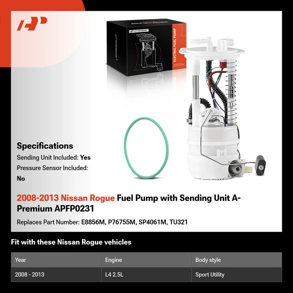 2008-2013 Nissan Rogue Fuel Pump with Sending Unit A-Premium APFP0231
