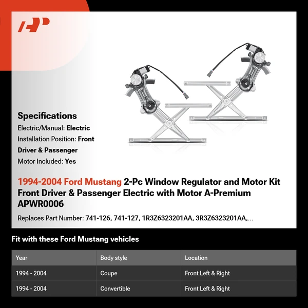 1994-2004 Ford Mustang 2-Pc Window Regulator and Motor Kit Front Driver & Passenger Electric with Motor A-Premium APWR0006