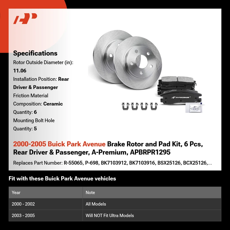 2000-2005 Buick Park Avenue Brake Rotor and Pad Kit, 6 Pcs, Rear Driver & Passenger, A-Premium, APBRPR1295