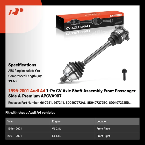 1996-2001 Audi A4 1-Pc CV Axle Shaft Assembly Front Passenger Side A-Premium APCVA907