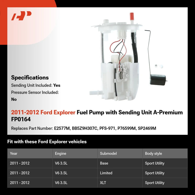 2011-2012 Ford Explorer Fuel Pump with Sending Unit A-Premium FP0164