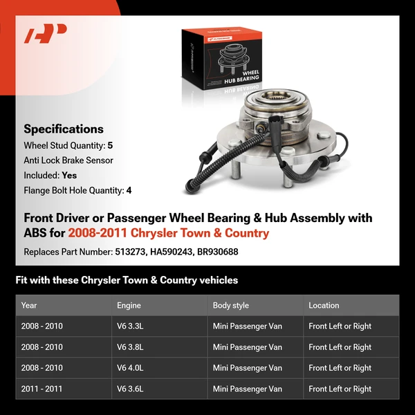Front Driver or Passenger Wheel Bearing & Hub Assembly with ABS for 2008-2011 Chrysler Town & Country