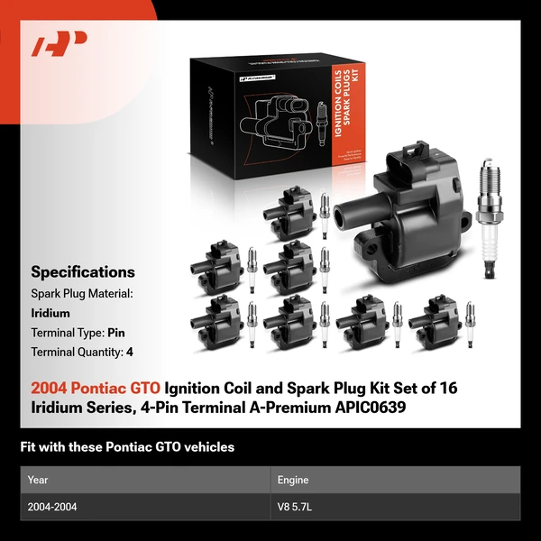 2004 Pontiac GTO Ignition Coil and Spark Plug Kit Set of 16 Iridium Series, 4-Pin Terminal A-Premium APIC0639