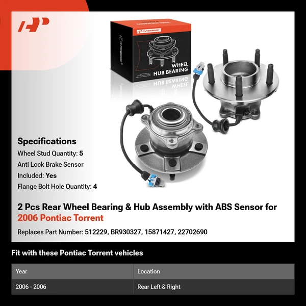 2 Pcs Rear Wheel Bearing & Hub Assembly with ABS Sensor for 2006 Pontiac Torrent