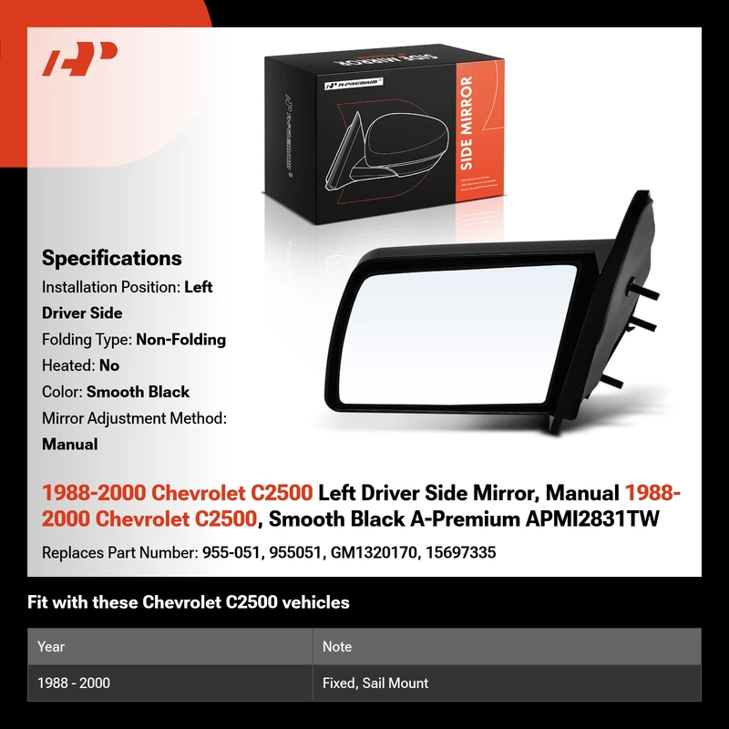 1988-2000 Chevrolet C2500 Left Driver Side Mirror, Manual 1988-2000 Chevrolet C2500, Smooth Black A-Premium APMI2831TW