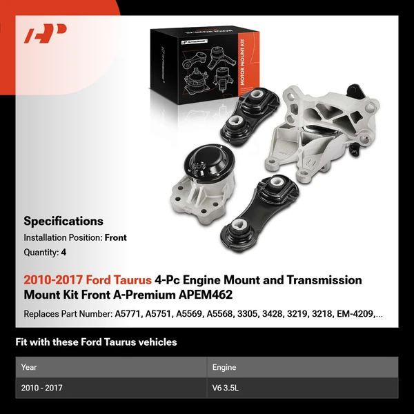 2010-2017 Ford Taurus 4-Pc Engine Mount and Transmission Mount Kit Front A-Premium APEM462