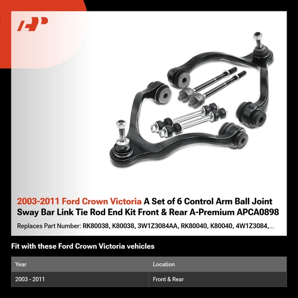 2003-2011 Ford Crown Victoria A Set of 6 Control Arm Ball Joint Sway Bar Link Tie Rod End Kit Front & Rear A-Premium APCA0898