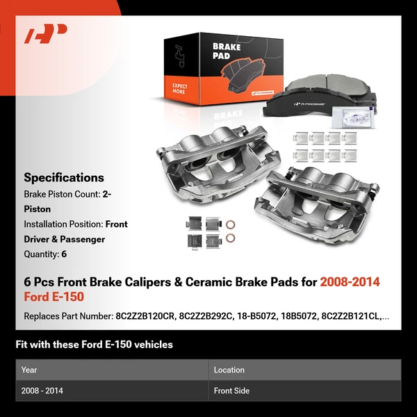 6 Pcs Front Brake Calipers & Ceramic Brake Pads for 2008-2014 Ford E-150