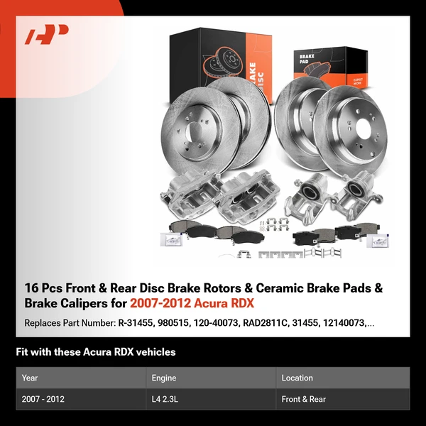 16 Pcs Front & Rear Disc Brake Rotors & Ceramic Brake Pads & Brake Calipers for 2007-2012 Acura RDX