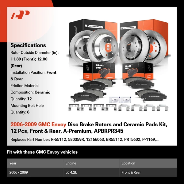 2006-2009 GMC Envoy Disc Brake Rotors and Ceramic Pads Kit, 12 Pcs, Front & Rear, A-Premium, APBRPR345
