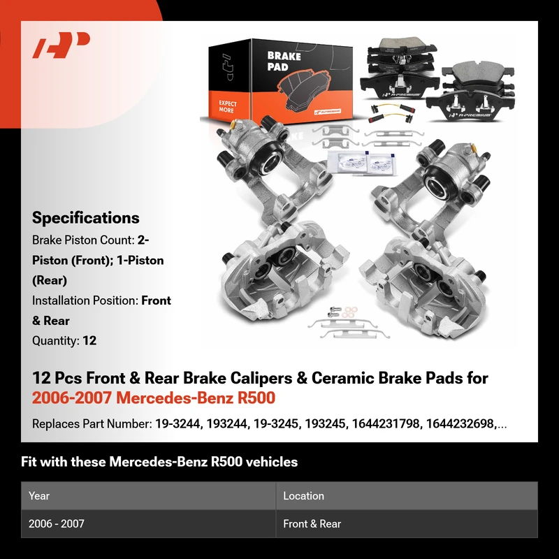 12 Pcs Front & Rear Brake Calipers & Ceramic Brake Pads for 2006-2007 Mercedes-Benz R500