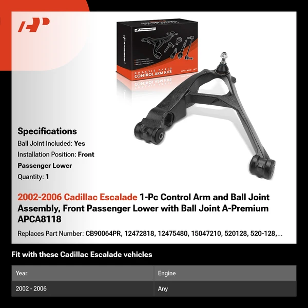 2002-2006 Cadillac Escalade 1-Pc Control Arm and Ball Joint Assembly, Front Passenger Lower with Ball Joint A-Premium APCA8118