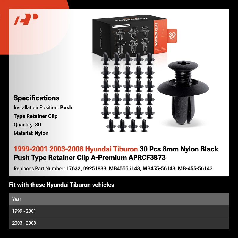 1999-2001 2003-2008 Hyundai Tiburon 30 Pcs 8mm Nylon Black Push Type Retainer Clip A-Premium APRCF3873