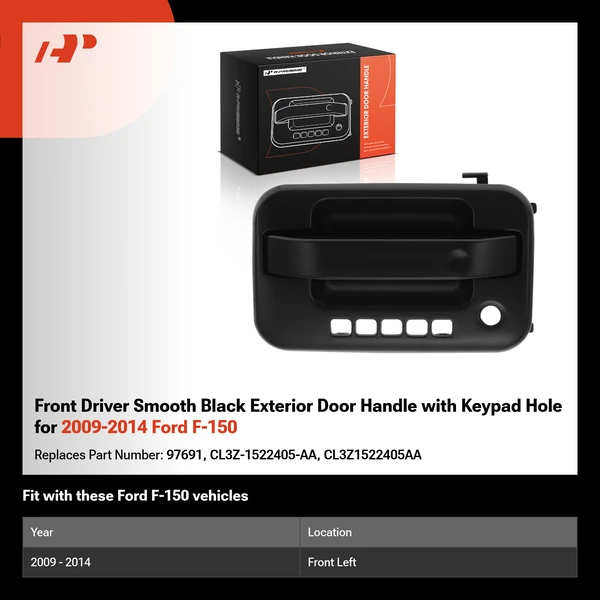 Front Driver Smooth Black Exterior Door Handle with Keypad Hole for 2009-2014 Ford F-150