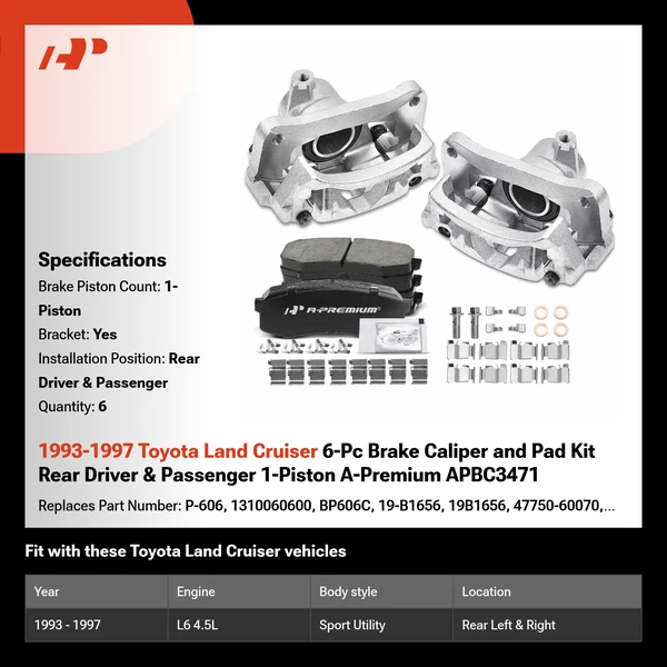 1993-1997 Toyota Land Cruiser 6-Pc Brake Caliper and Pad Kit Rear Driver & Passenger 1-Piston A-Premium APBC3471