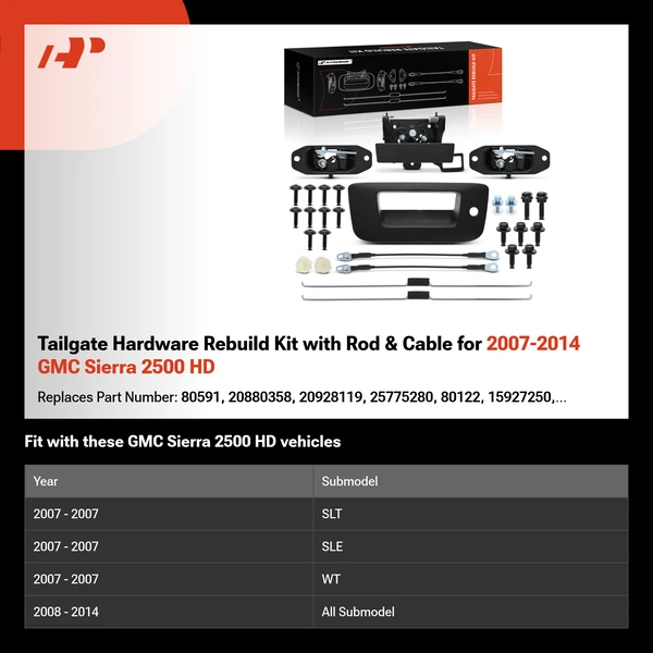 Tailgate Hardware Rebuild Kit with Rod & Cable for 2007-2014 GMC Sierra 2500 HD