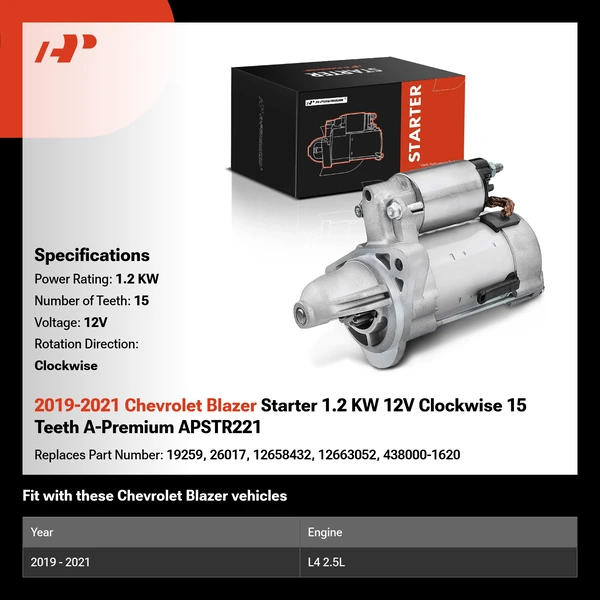 2019-2021 Chevrolet Blazer Starter 1.2 KW 12V Clockwise 15 Teeth A-Premium APSTR221
