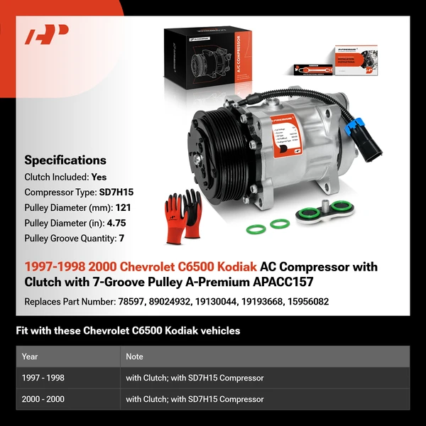 1997-1998 2000 Chevrolet C6500 Kodiak AC Compressor with Clutch with 7-Groove Pulley A-Premium APACC157