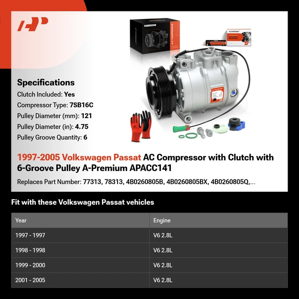 1997-2005 Volkswagen Passat AC Compressor with Clutch with 6-Groove Pulley A-Premium APACC141