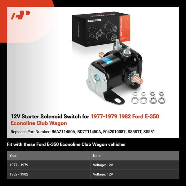 12V Starter Solenoid Switch for 1977-1979 1982 Ford E-350 Econoline Club Wagon