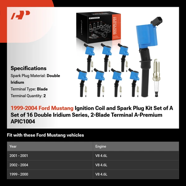 1999-2004 Ford Mustang Ignition Coil and Spark Plug Kit Set of A Set of 16 Double Iridium Series, 2-Blade Terminal A-Premium APIC1004