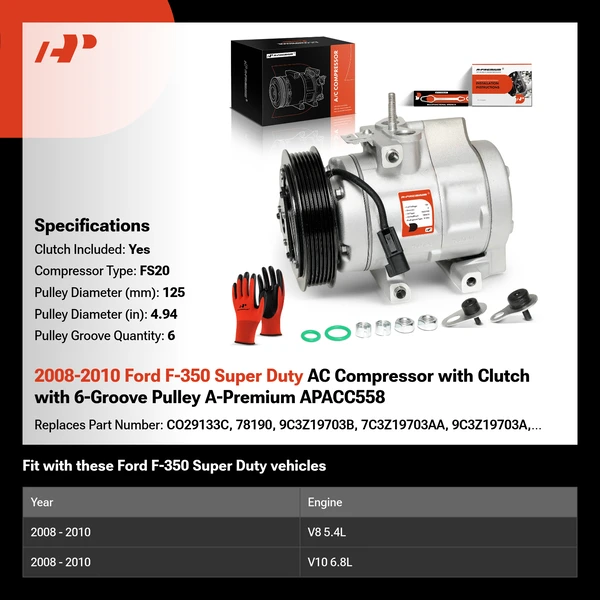 2008-2010 Ford F-350 Super Duty AC Compressor with Clutch with 6-Groove Pulley A-Premium APACC558