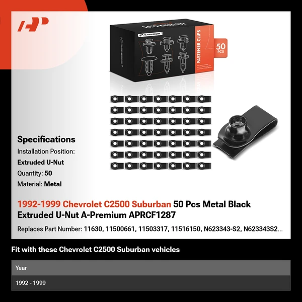 1992-1999 Chevrolet C2500 Suburban 50 Pcs Metal Black Extruded U-Nut A-Premium APRCF1287