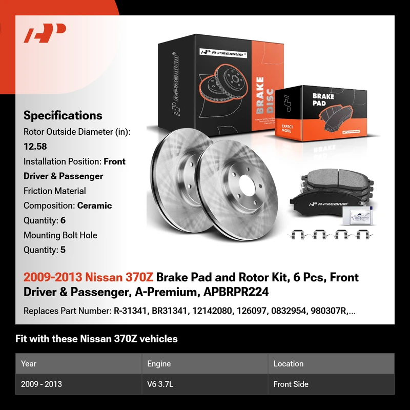 2009-2013 Nissan 370Z Brake Pad and Rotor Kit, 6 Pcs, Front Driver & Passenger, A-Premium, APBRPR224