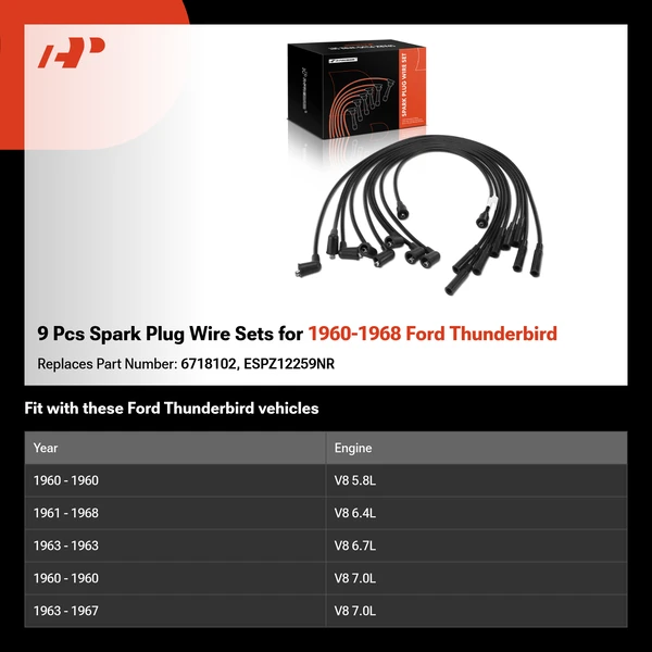 9 Pcs Spark Plug Wire Sets for 1960-1968 Ford Thunderbird