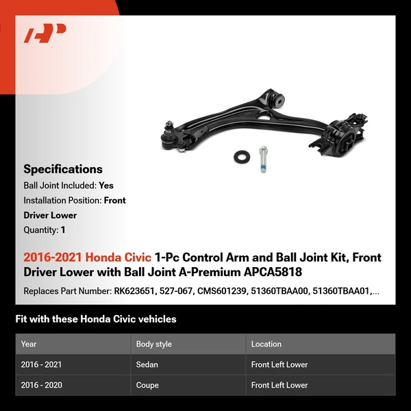 2016-2021 Honda Civic 1-Pc Control Arm and Ball Joint Kit, Front Driver Lower with Ball Joint A-Premium APCA5818
