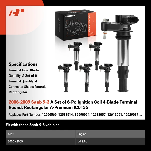 2006-2009 Saab 9-3 A Set of 6-Pc Ignition Coil 4-Blade Terminal Round, Rectangular A-Premium IC0136