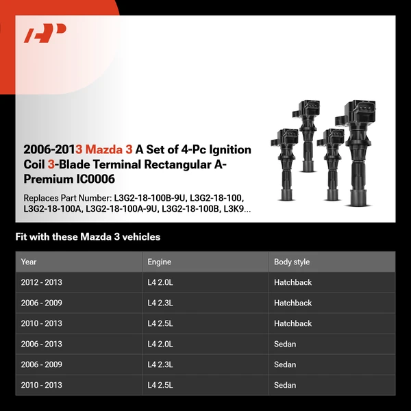 2006-2013 Mazda 3 A Set of 4-Pc Ignition Coil 3-Blade Terminal Rectangular A-Premium IC0006