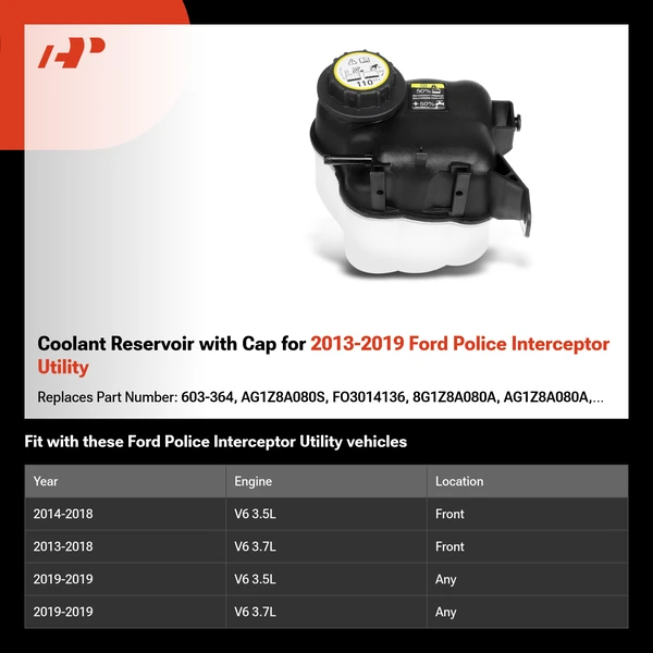 Coolant Reservoir with Cap for 2013-2019 Ford Police Interceptor Utility