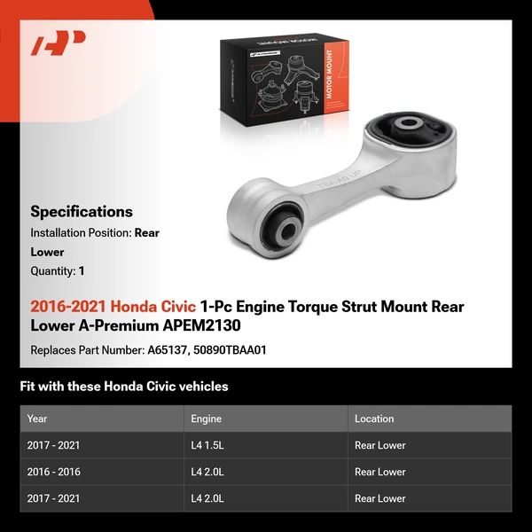 2016-2021 Honda Civic 1-Pc Engine Torque Strut Mount Rear Lower A-Premium APEM2130