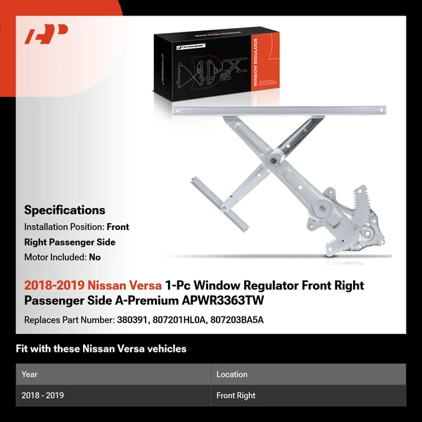 2018-2019 Nissan Versa 1-Pc Window Regulator Front Right Passenger Side A-Premium APWR3363TW