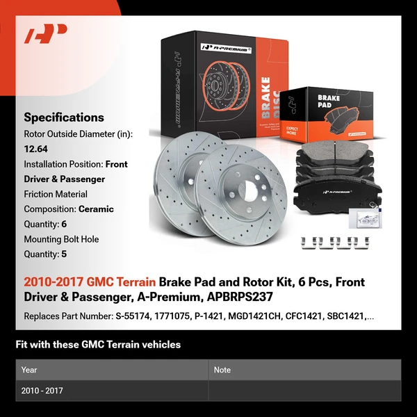 2010-2017 GMC Terrain Brake Pad and Rotor Kit, 6 Pcs, Front Driver & Passenger, A-Premium, APBRPS237