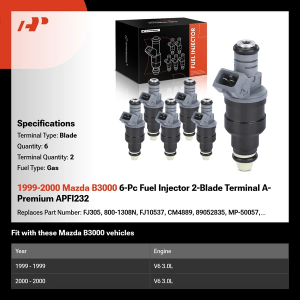 1999-2000 Mazda B3000 6-Pc Fuel Injector 2-Blade Terminal A-Premium APFI232