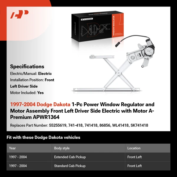 1997-2004 Dodge Dakota 1-Pc Power Window Regulator and Motor Assembly Front Left Driver Side Electric with Motor A-Premium APWR1364