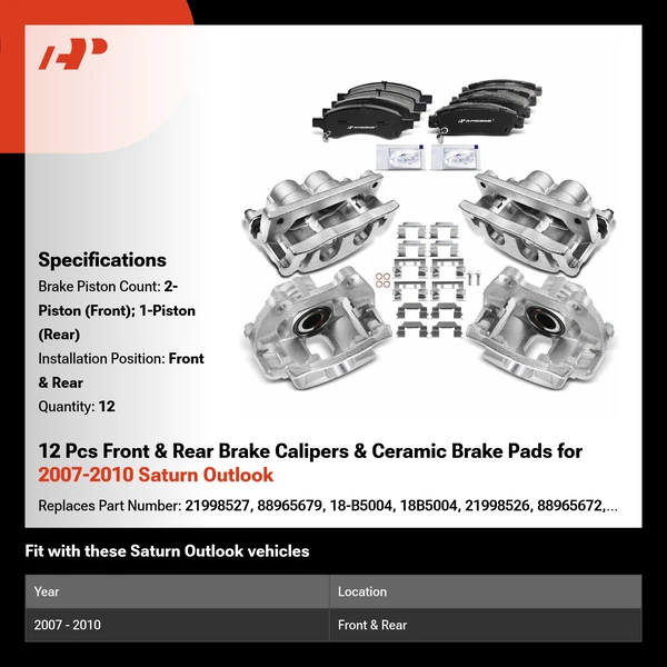 12 Pcs Front & Rear Brake Calipers & Ceramic Brake Pads for 2007-2010 Saturn Outlook