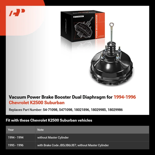 Vacuum Power Brake Booster Dual Diaphragm for 1994-1996 Chevrolet K2500 Suburban