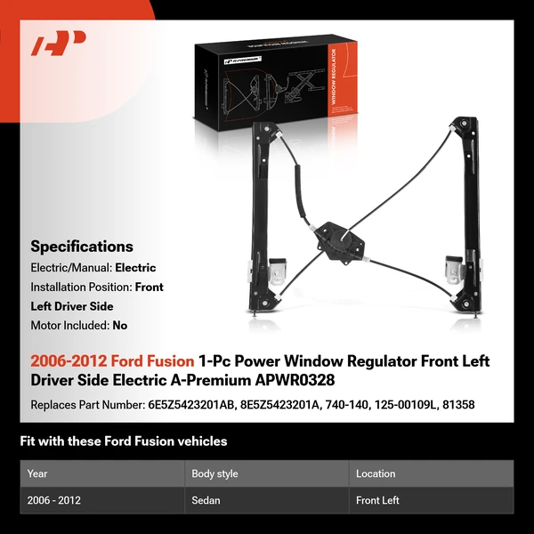 2006-2012 Ford Fusion 1-Pc Power Window Regulator Front Left Driver Side Electric A-Premium APWR0328