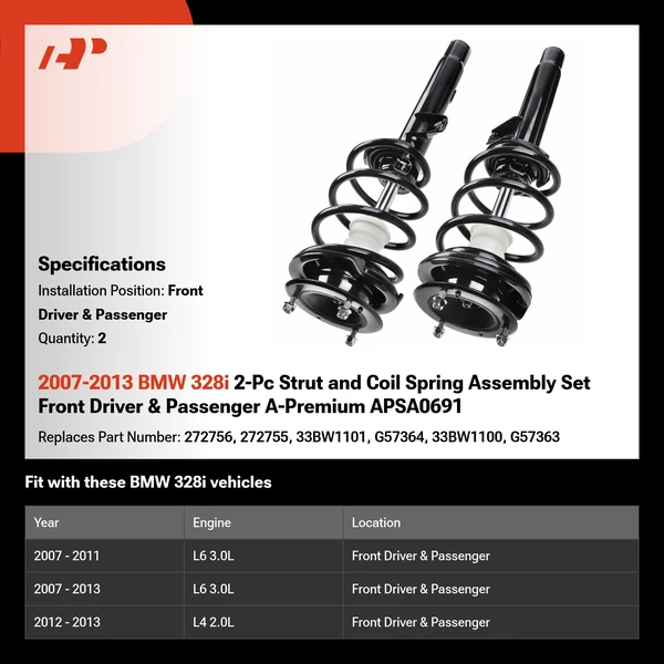 2007-2013 BMW 328i 2-Pc Strut and Coil Spring Assembly Set Front Driver & Passenger A-Premium APSA0691