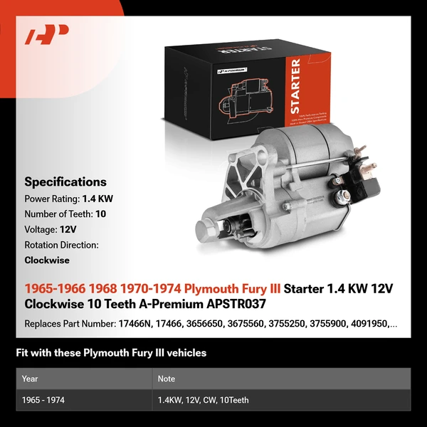 1965-1966 1968 1970-1974 Plymouth Fury III Starter 1.4 KW 12V Clockwise 10 Teeth A-Premium APSTR037