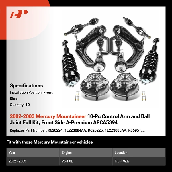 2002-2003 Mercury Mountaineer 10-Pc Control Arm and Ball Joint Full Kit, Front Side A-Premium APCA5394