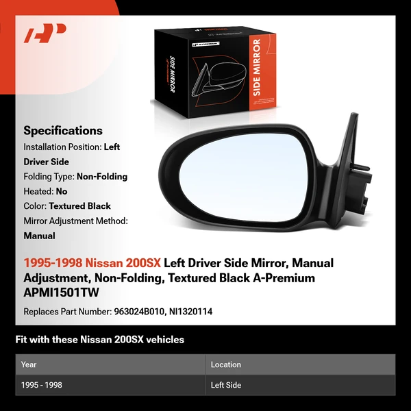 1995-1998 Nissan 200SX Left Driver Side Mirror, Manual Adjustment, Non-Folding, Textured Black A-Premium APMI1501TW