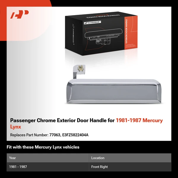 Passenger Chrome Exterior Door Handle for 1981-1987 Mercury Lynx