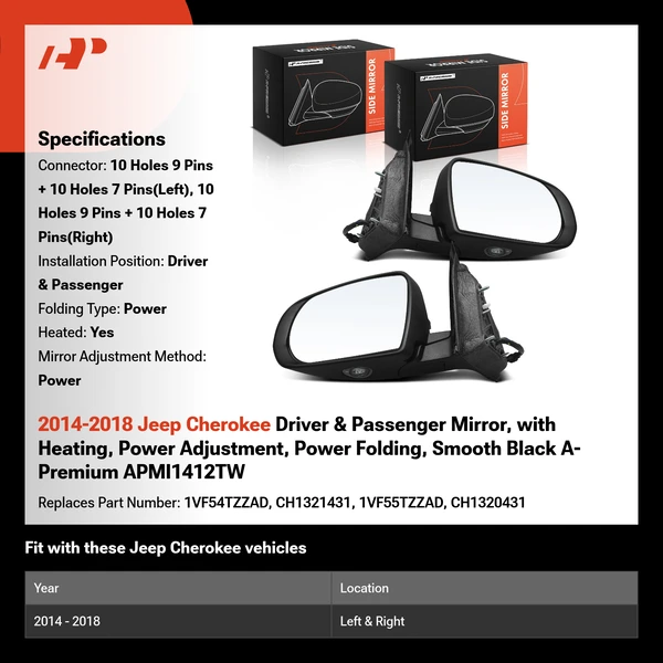2014-2018 Jeep Cherokee Driver & Passenger Mirror, with Heating, Power Adjustment, Power Folding, Smooth Black A-Premium APMI1412TW