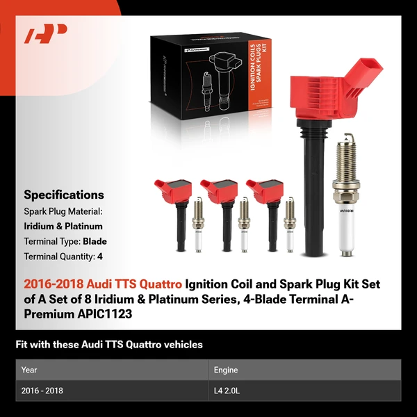 2016-2018 Audi TTS Quattro Ignition Coil and Spark Plug Kit Set of A Set of 8 Iridium & Platinum Series, 4-Blade Terminal A-Premium APIC1123